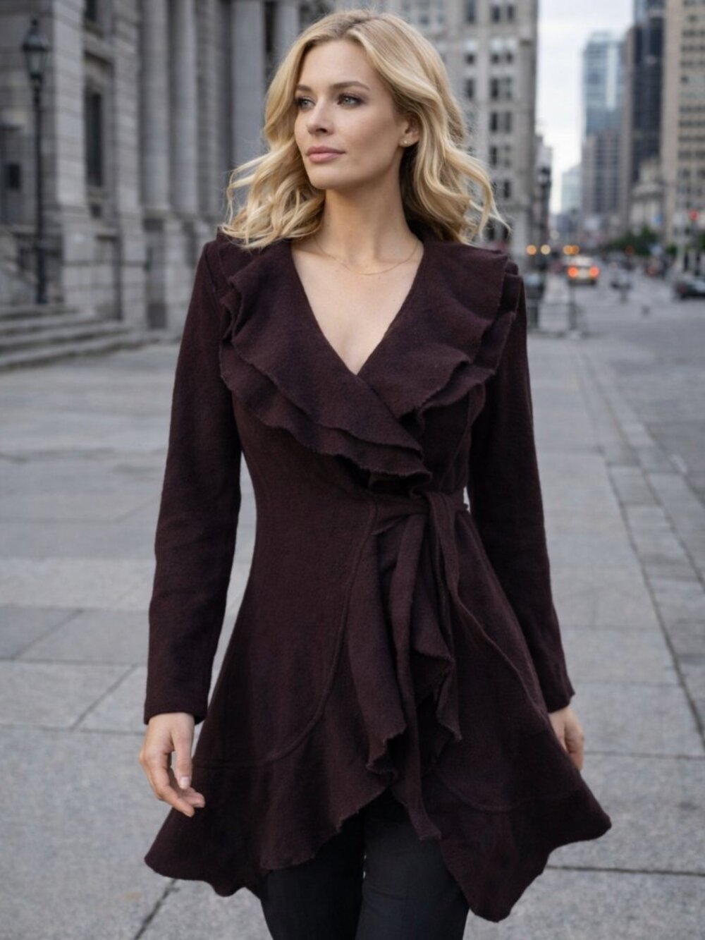 Willi Smith Wool Blend Ruffle Wrap Coat Brown Boho Midi Jacket M